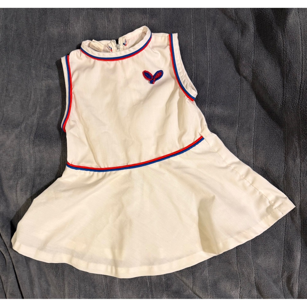 Vintage Sears Kids White Tennis Dress Sleeveless Dress Red & Blue Trim Raquets